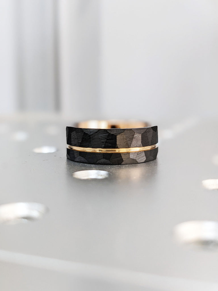 Mens Promise Ring in Black and Rose Gold Tungsten Carbide, Brushe Matte Finish, Hand Hammered