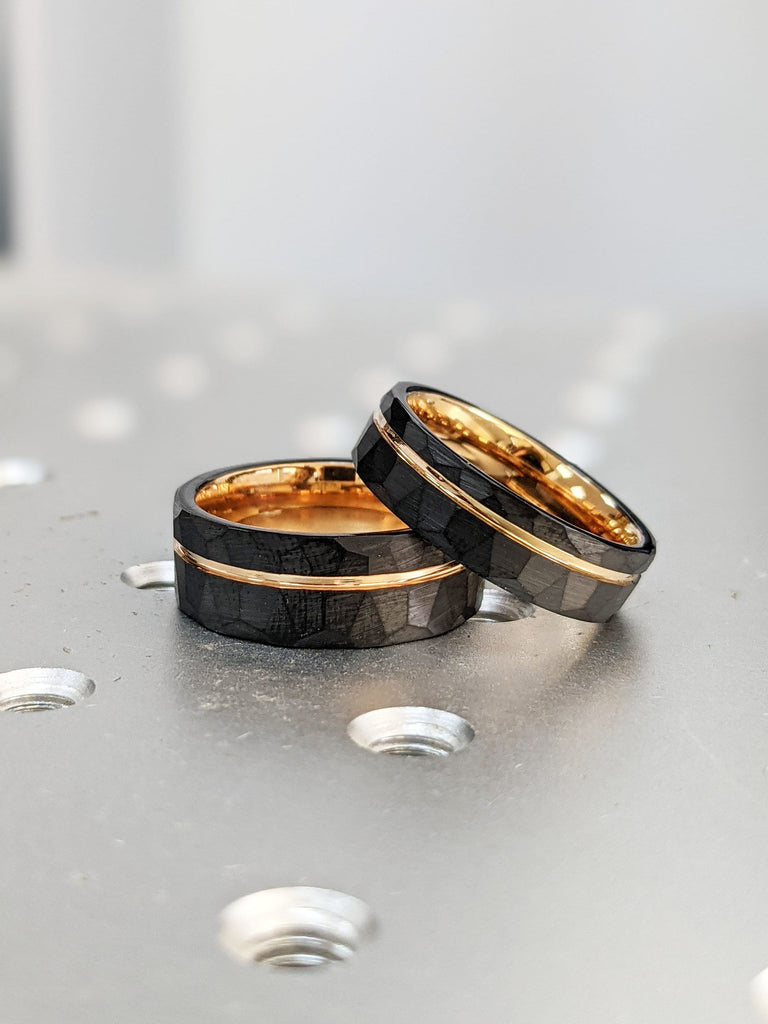 8MM, 6MM Black Mens Ring | Black and Rose Gold Tungsten Ring | Organic Hammered Ring
