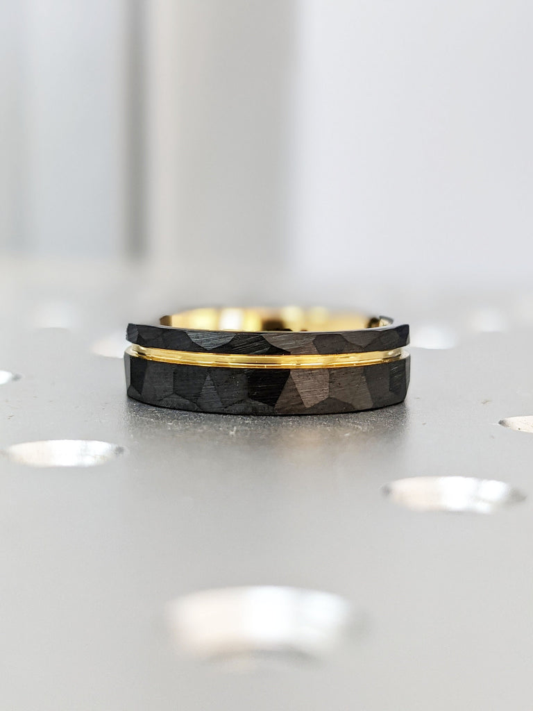 Men’s 6mm Yellow Gold Inlay Black Hammered Tungsten Wedding Ring, Comfort Fit Engagement Band