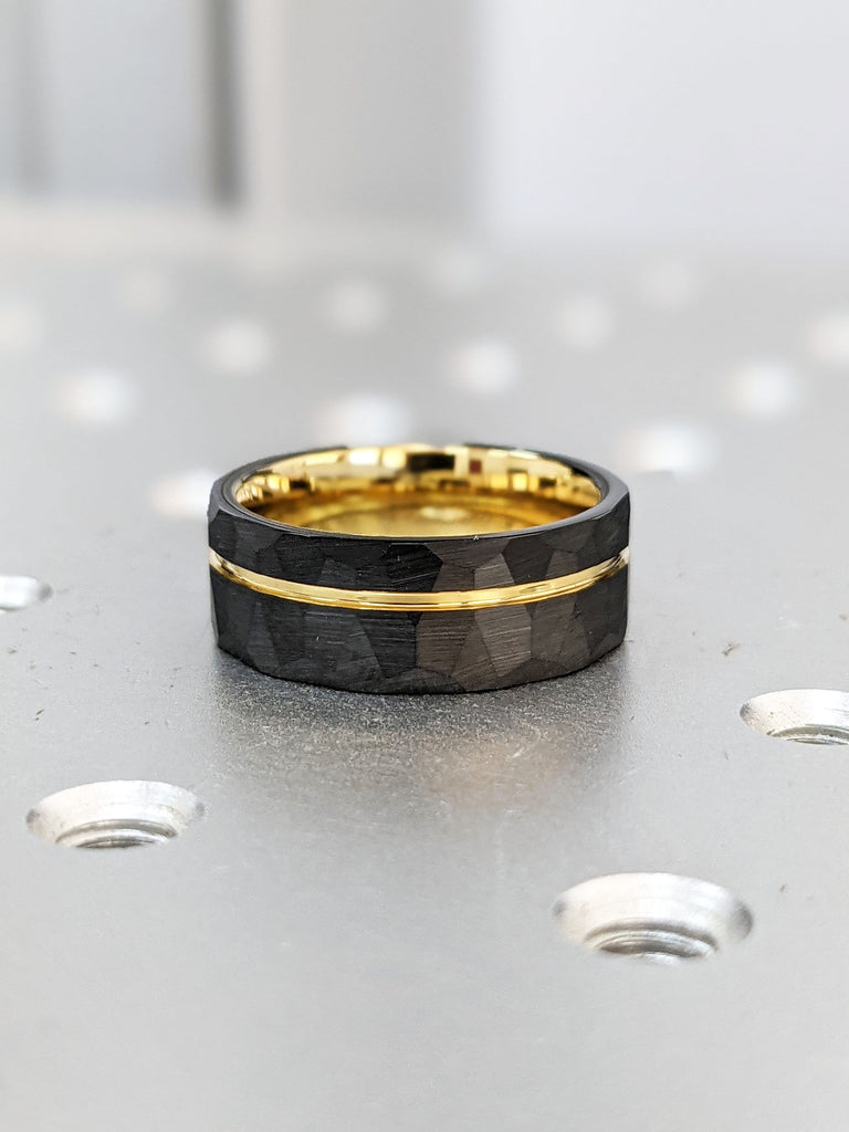 Men’s Tungsten Wedding Band Set – 6 mm & 8 mm Black Hammered Tungsten Rings with Yellow Gold Inlay, Comfort Fit Ring