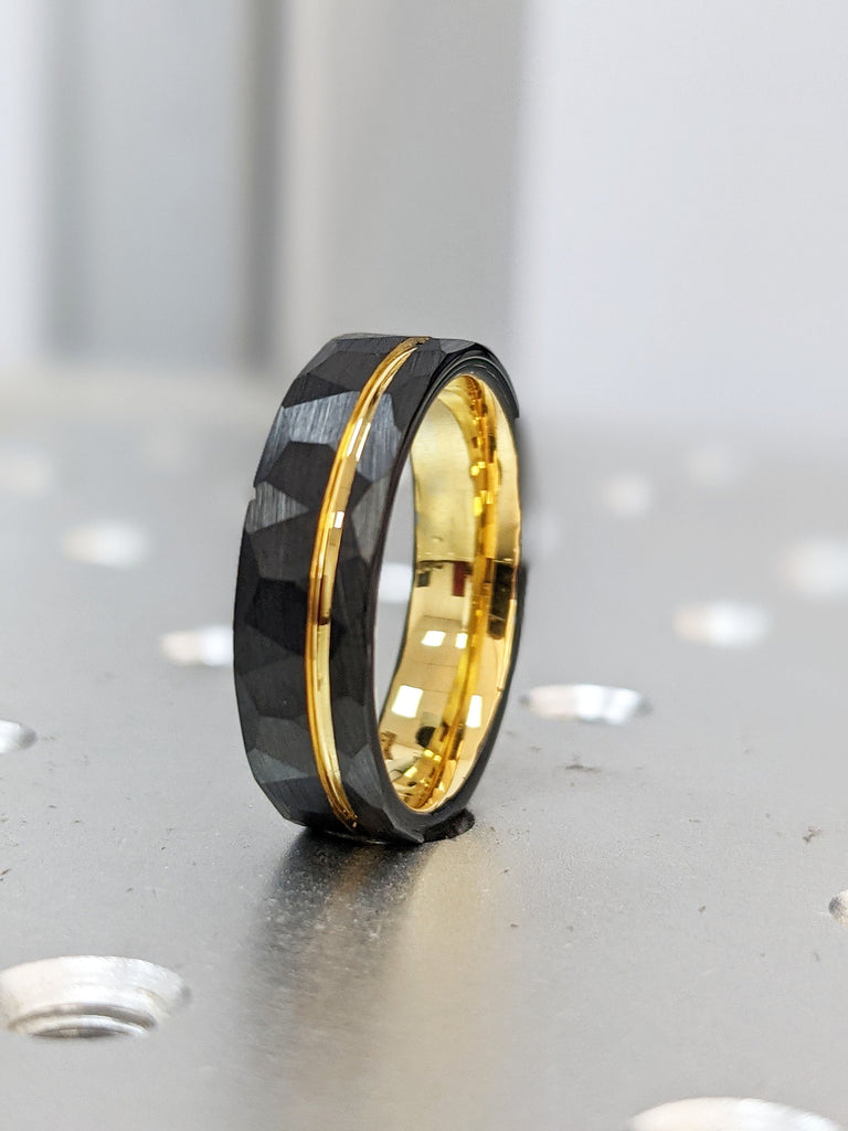 Men’s Tungsten Wedding Band Set, Durable Men's Engagement Ring Set, Black Hammered Yellow Gold Ring, 6mm & 8mm Comfort Fit Everyday Ring