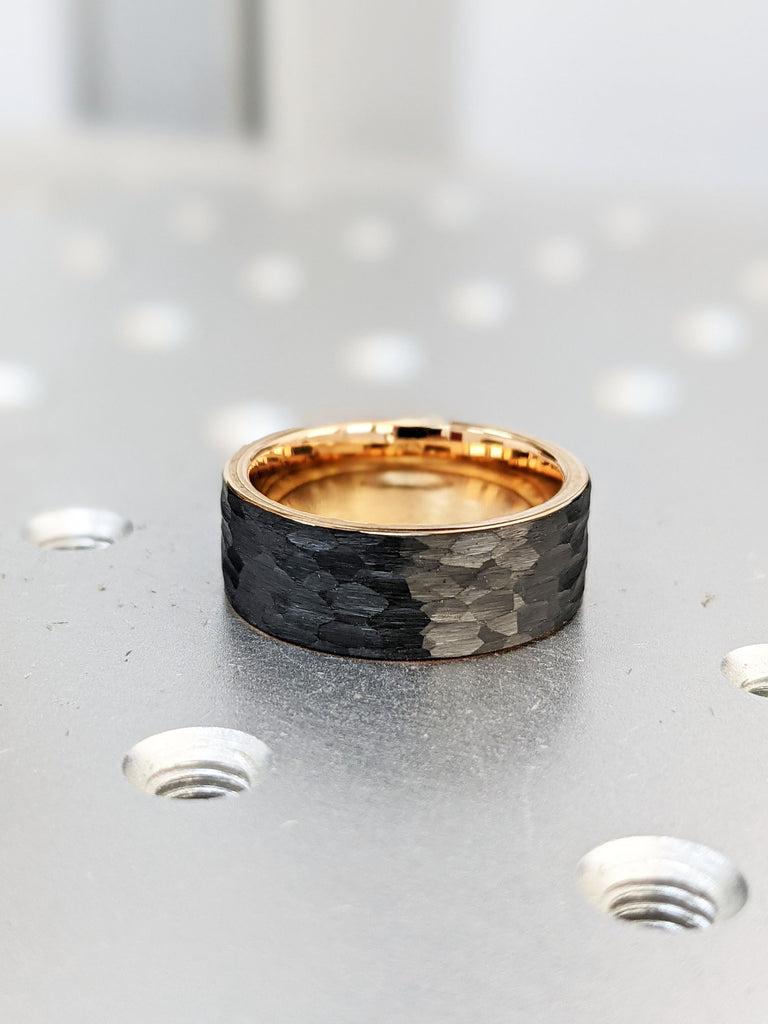 Black Tungsten Rose Gold 8MM Men's Wedding Ring | Handmade Rough Faceted Black Rhodium Men Wedding Band | Comfort Fit Tungsten Ring for Him