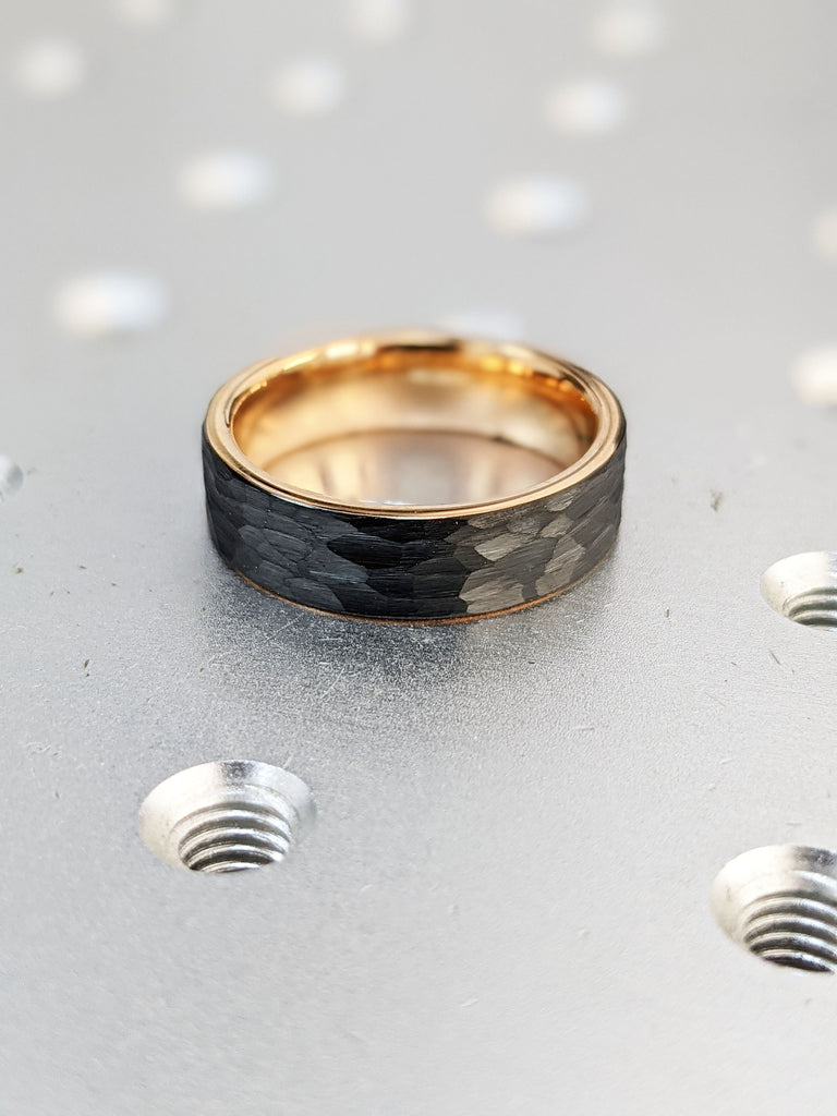 Hammered Brushed Finish Black Tungsten Rugged Mens Wedding Band: 6MM Wide, Rose Gold Comfort Fit Inner Band