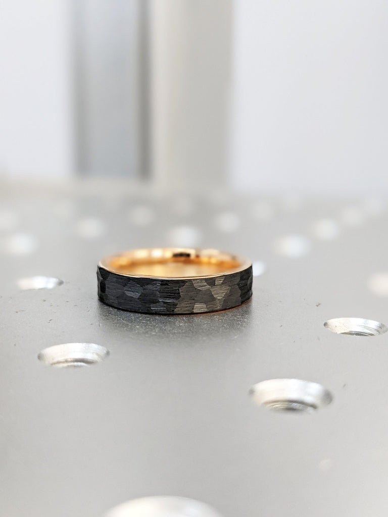 Comfort Fit Black Wedding Ring for Him or Her: 5MM Wide, Brushed Hammered Black Rhodium Plated Tungsten, Rose Gold Inner Band