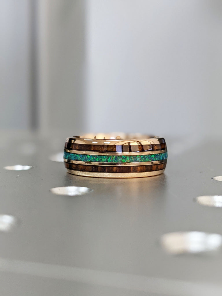 Men Wedding band, Opal and Koa Wood Inlay Men Tungsten Ring, Polished Finish 8mm Band