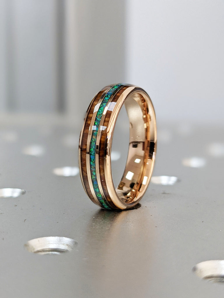 Natural Koa Wood and Opal Inlay Ring, Women/Men Wedding Band