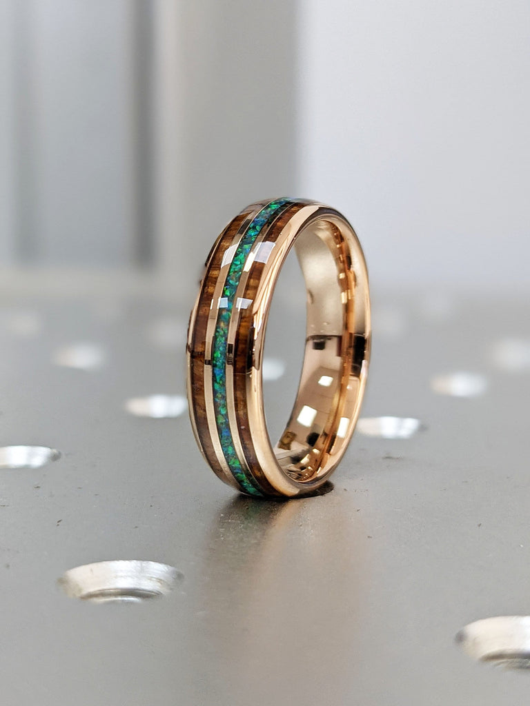 Opal and Koa Wood Inlay Wedding Band, Polished Finish Tungsten Ring