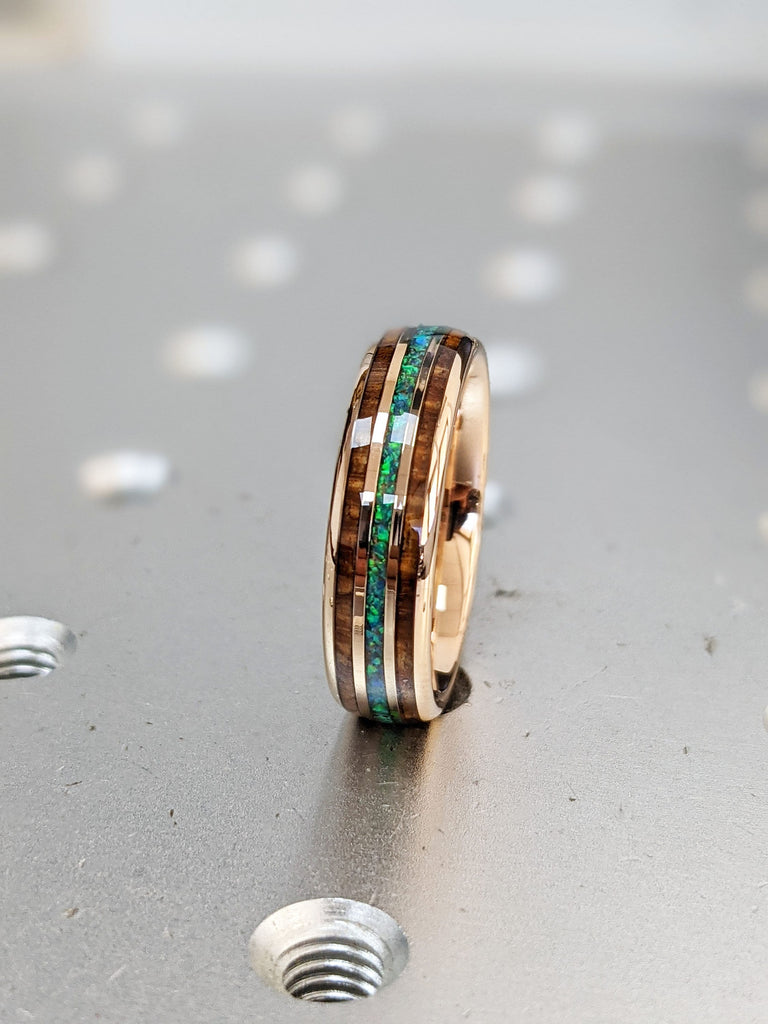Opal and Koa Wood Inlay Wedding Band, Polished Finish Tungsten Ring, Rose Gold Plated Ring, 6mm Tungsten Carbide Ring, Wooden Inlay Ring