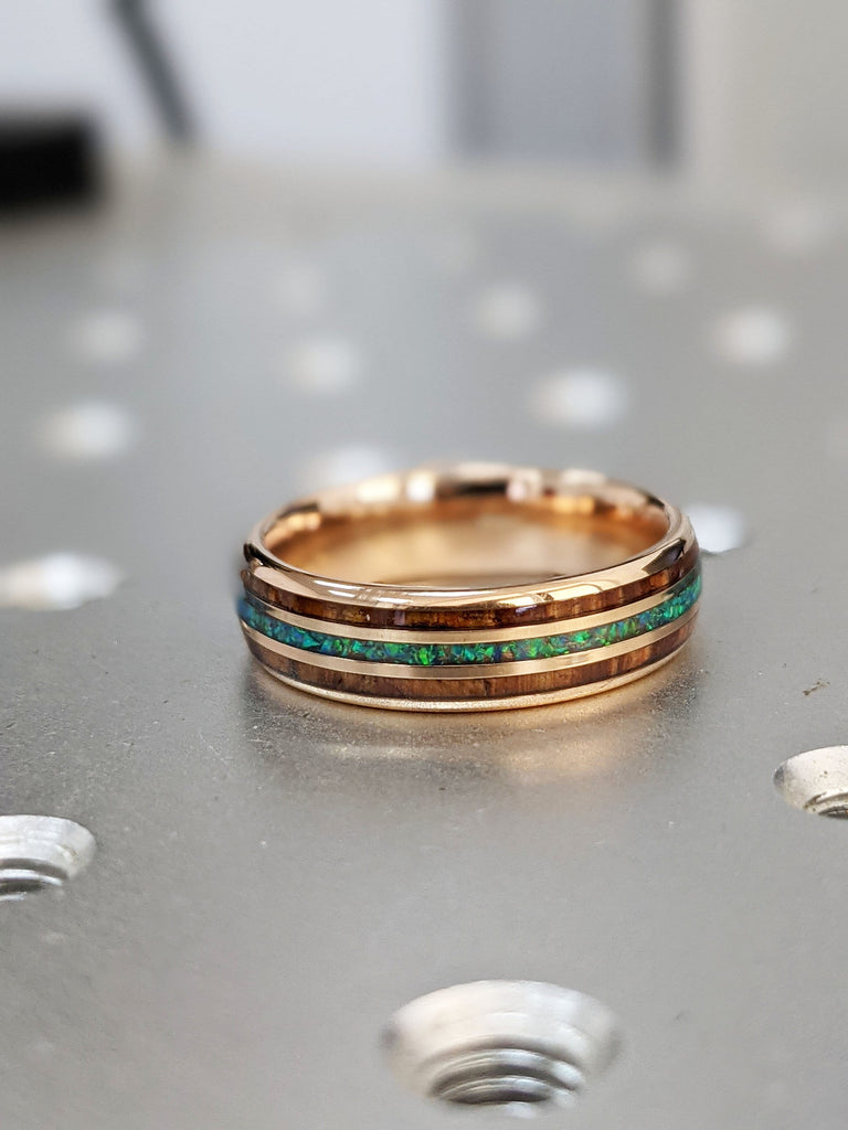 Opal and Koa Wood Inlay Wedding Band, Polished Finish Tungsten Ring, Rose Gold Plated Ring, 6mm Tungsten Carbide Ring, Wooden Inlay Ring