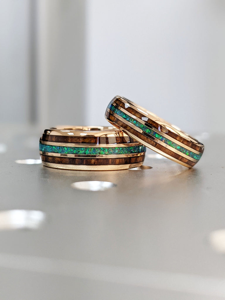 Opal and Koa Wood Inlay Wedding Band, Polished Finish Tungsten Ring, Rose Gold Plated Ring, 6mm Tungsten Carbide Ring, Wooden Inlay Ring