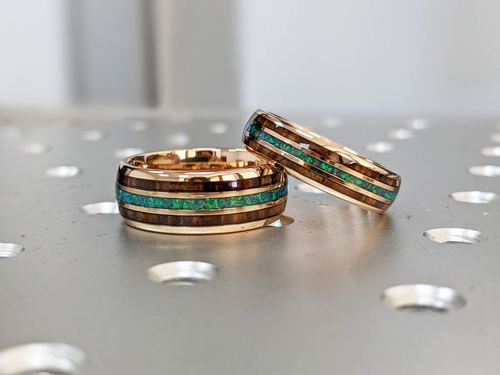 Koa Wood Ring, Blue Green Opal Inlay Ring