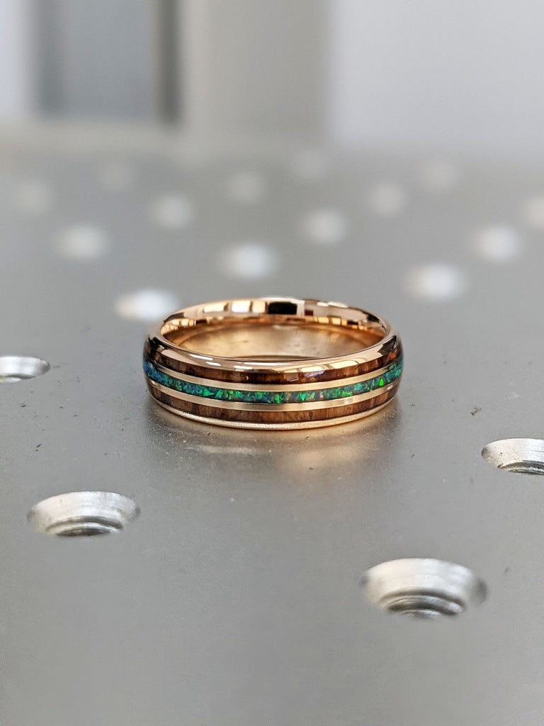 8mm & 6mm Rose Gold Tungsten Couple Ring Set, Koa Wood Ring, Blue Green Opal Inlay Ring