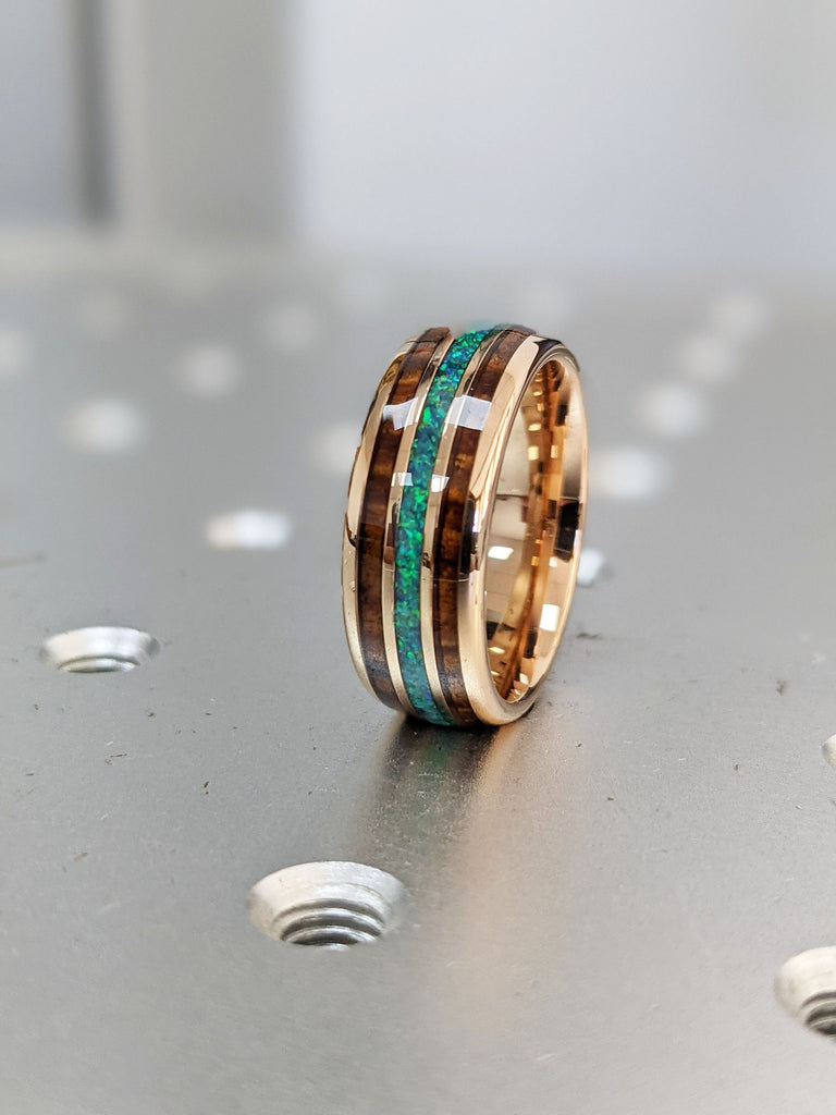 Koa Wood and Opal Inlay Ring, 8mm and 6mm Couple Wedding Band, Polished Finish Tungsten Rose Gold Ring, Wood Wedding Band, Bridal Jewelry