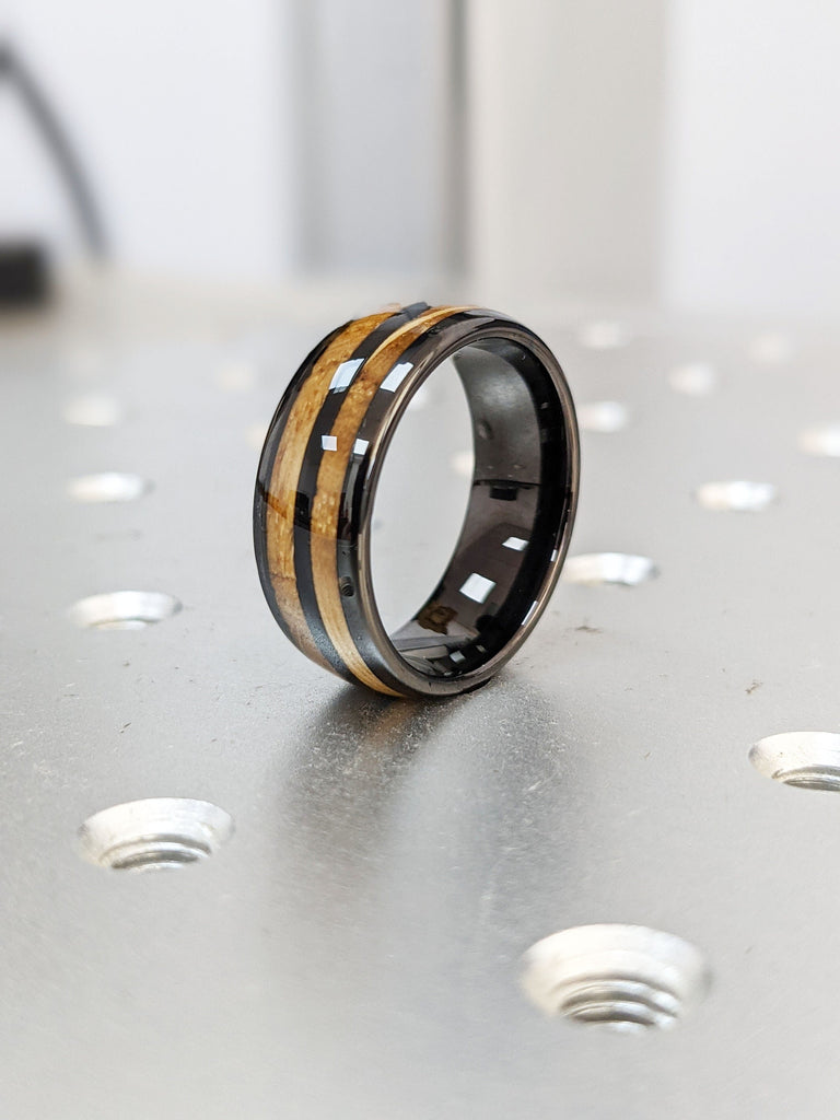 Polished Black Plated Tungsten Male Engagement Ring | Double Koa Wood Inlay Dome Shaped Wedding Band | Black Mens Ring | Rustic Wedding Ring