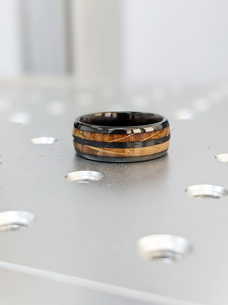 Polished Black Plated Tungsten Male Engagement Ring | Double Koa Wood Inlay Dome Shaped Wedding Band | Black Mens Ring | Rustic Wedding Ring