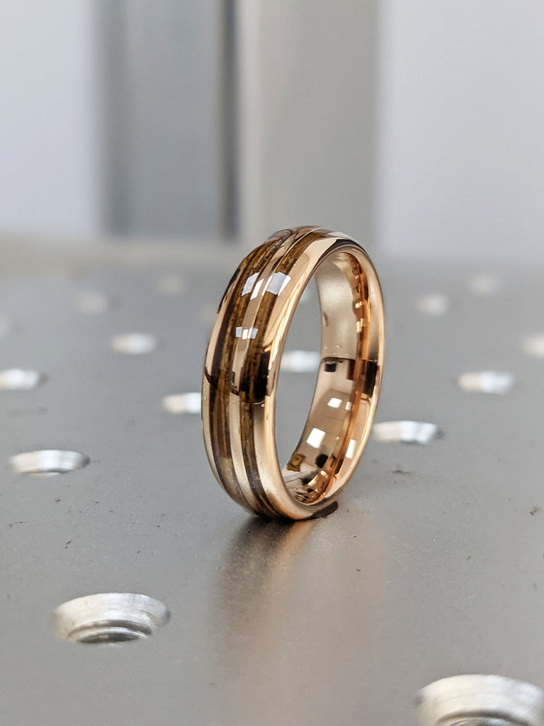 6mm Tungsten Ring for Men | Rose Gold Wooden Wedding Band with Koa Wood and Opal Pattern Inlay