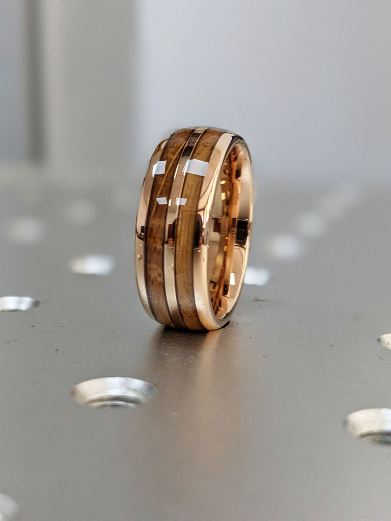 Koa Wood Ring Domed 8mm Male Wedding Bands | Whiskey Barrel Wooden Wedding Rings | Rose Gold Plated Tungsten Rings For Men | Manly Bands
