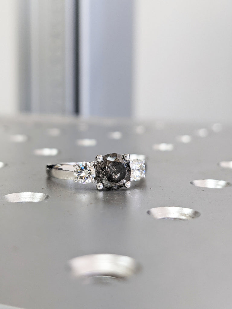 Grey diamond ring, Engagement ring, Salt pepper diamond engagement ring, Gray diamond Engagement ring, Black diamond ring, three stone ring