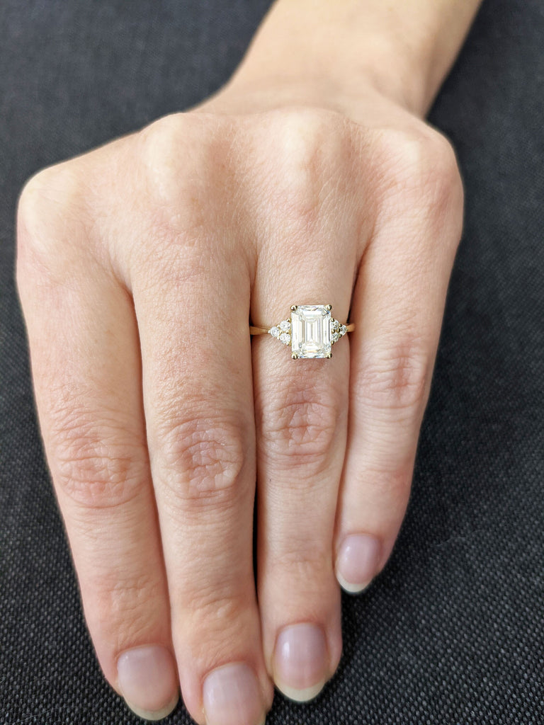 Emerald cut Moissanite engagement ring vintage yellow gold Round diamond ring Cluster ring unique ring engagement ring Anniversary ring