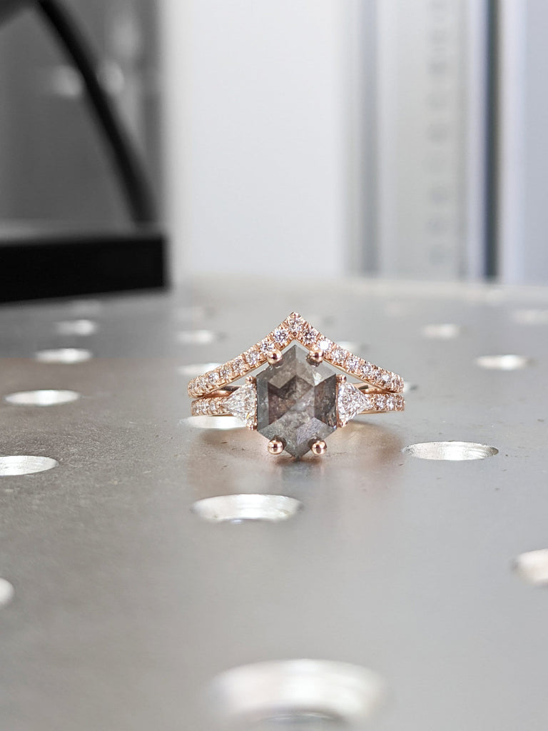 Solid Rose Gold Diamond Ring Bridal Set: Hexagon cut Salt and Pepper Diamond with Curved Wedding Ring