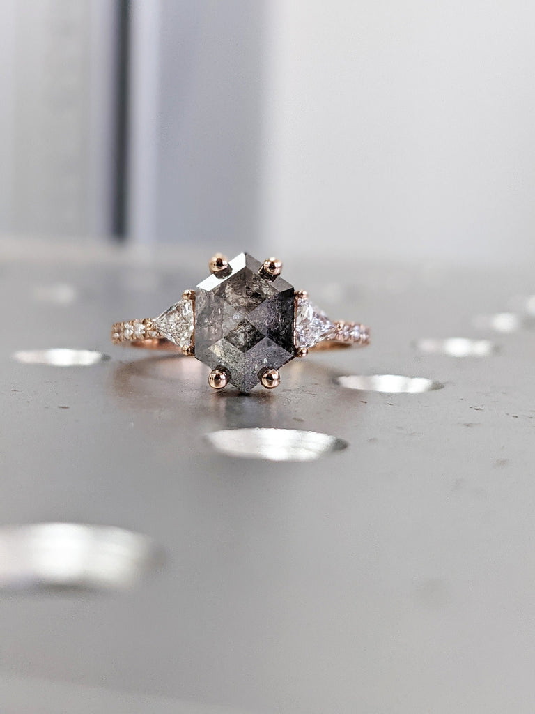 New ring for Colton -18K rose gold, 1.75ct hexagon salt and pepper diamond, side diamond - main ring only