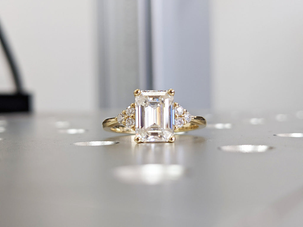 Emerald cut Moissanite engagement ring vintage yellow gold Round diamond ring Cluster ring unique ring engagement ring Anniversary ring