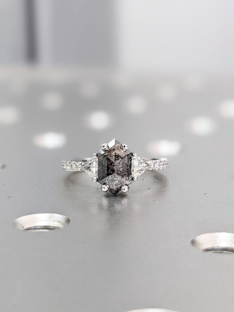 Galaxy Raw Diamond Hexagon Triangle Diamond, Salt and Pepper, Unique Bridal Engagement Set, Rose Cut Geometric Diamond Ring, 14k white gold