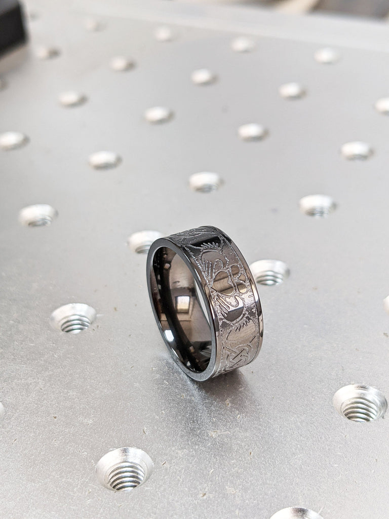 Black Zirconium Celtic Irish Claddagh Ring Hands Clasping Heart Band Carved Claddagh Black Zirconium Ring, Black Zirconium Wedding Band