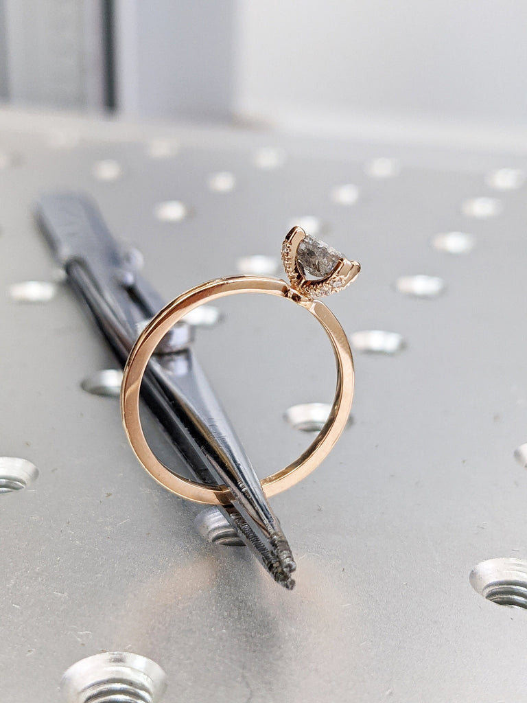 Salt and Pepper Diamond Ring, Kite Diamond Ring, hidden halo, Engagement Ring, 14k Kite Gold Ring, Kite Art Deco Ring, Natural Diamond Ring