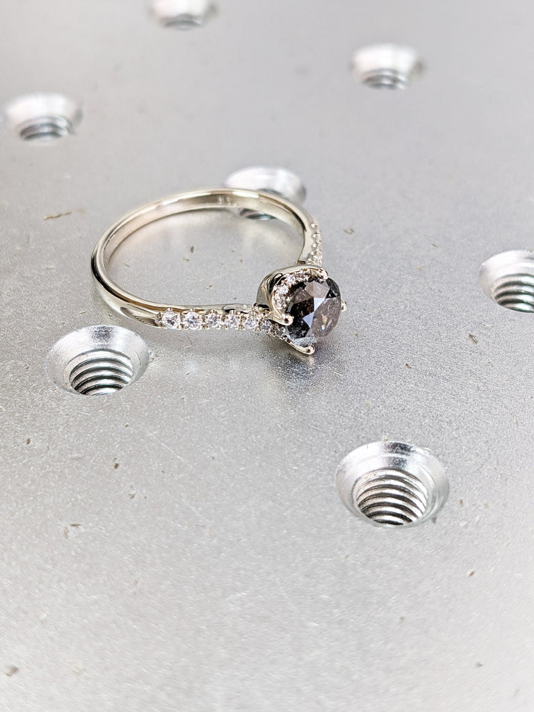 Raw Salt And Pepper Diamond engagement Ring, Twisted Band Wedding Ring, Swirl solitaire ring, Unique Hidden Halo Diamond ring