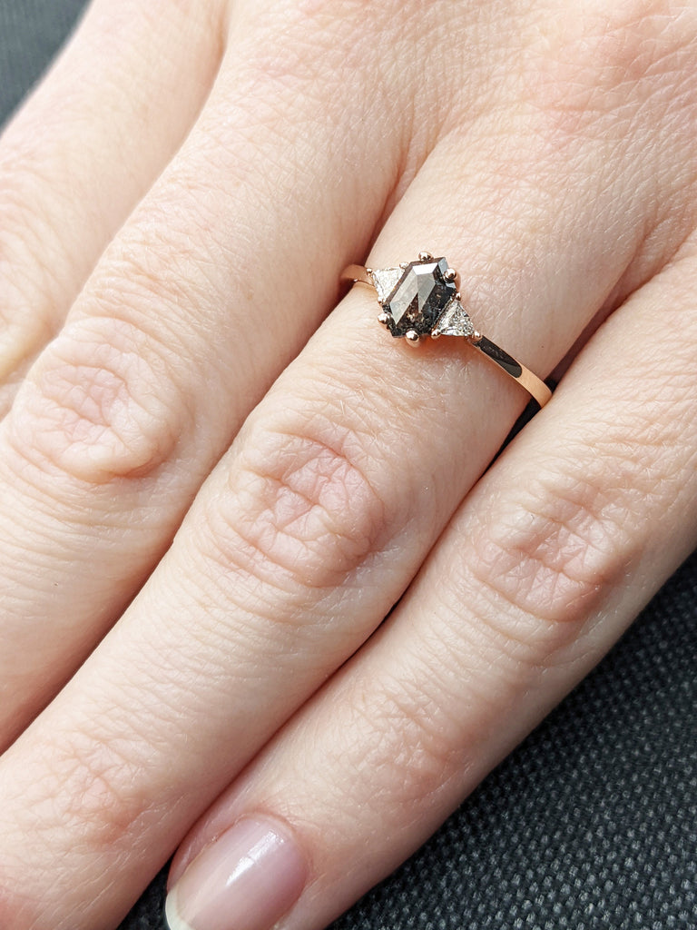 0.5 ct. Raw Diamond Hexagon Triangle Diamond, Salt and Pepper, Plain Unique Bridal Engagement Set, Rose Cut Geometric Diamond Ring