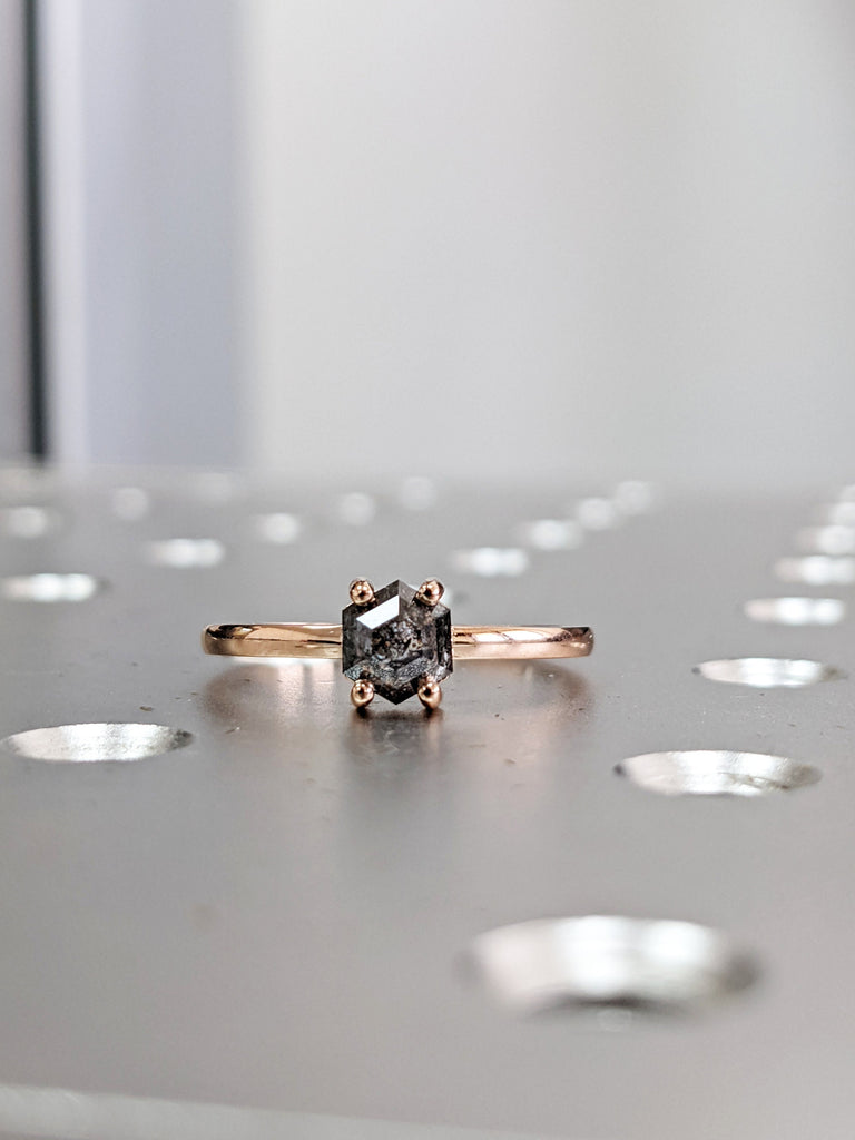 Raw Diamond, Salt and Pepper, Hexagon, Unique Engagement Ring, Bridal Set, Rose Cut Geometric Diamond Ring, 14k Gold, Custom Handmade