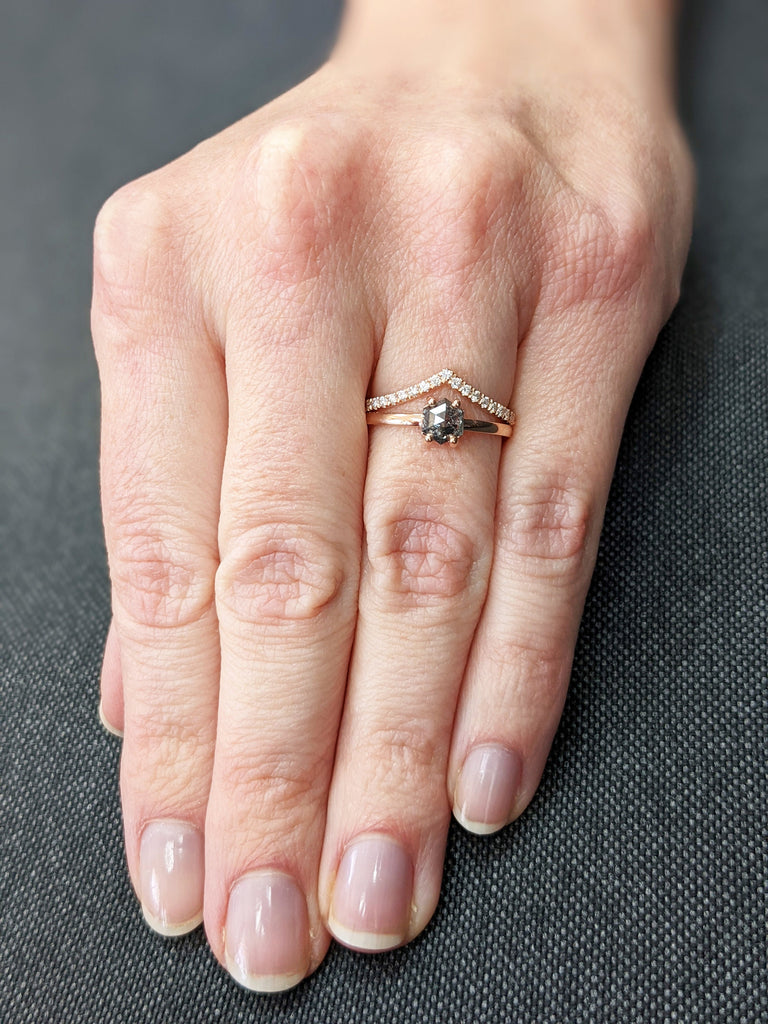 Raw Diamond, Salt and Pepper, Hexagon, Unique Engagement Ring, Bridal Set, Rose Cut Geometric Diamond Ring, 14k Gold, Custom Handmade