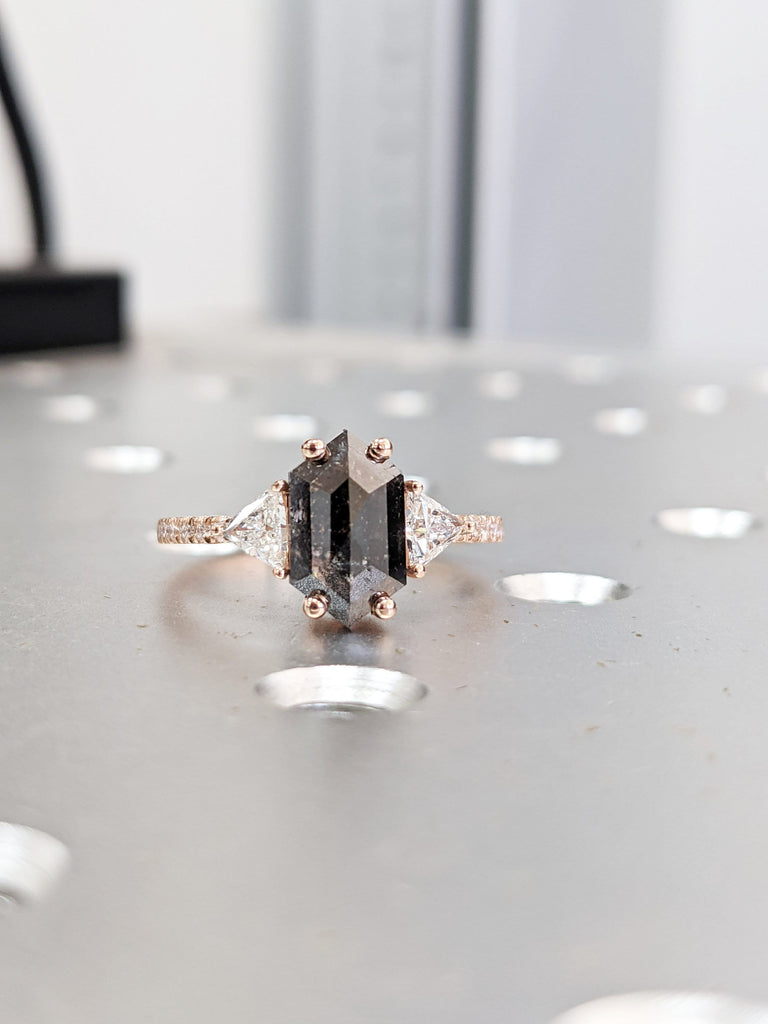 Raw Diamond Hexagon Triangle Diamond, Salt and Pepper, Unique Bridal Engagement Set, Rose Cut Geometric Diamond Ring, Custom Handmade