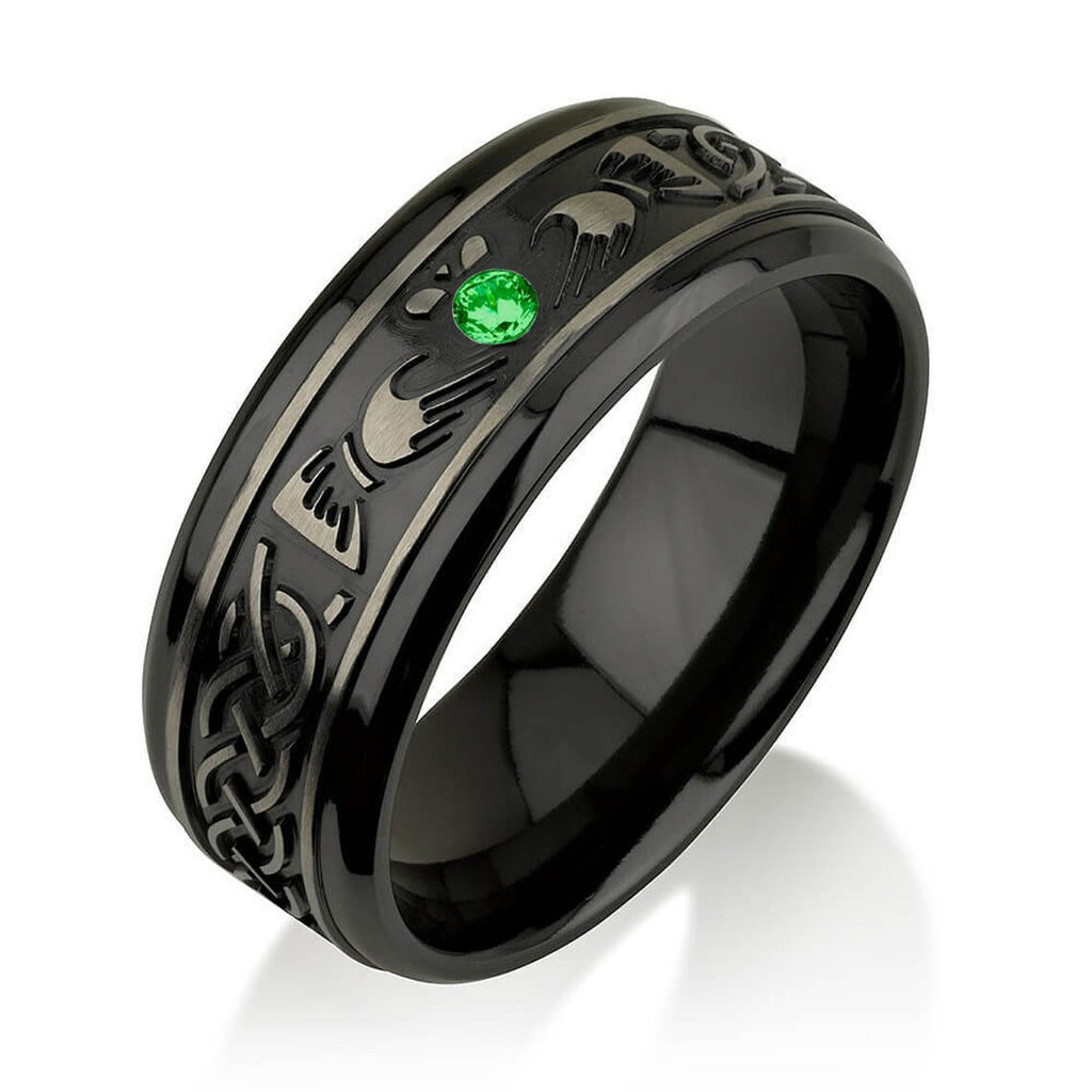 Emerald Black Zirconium Celtic Irish Claddagh Ring Hands Clasping Heart Band Carved Claddagh Black Zirconium Ring Black Zirconium Wedding