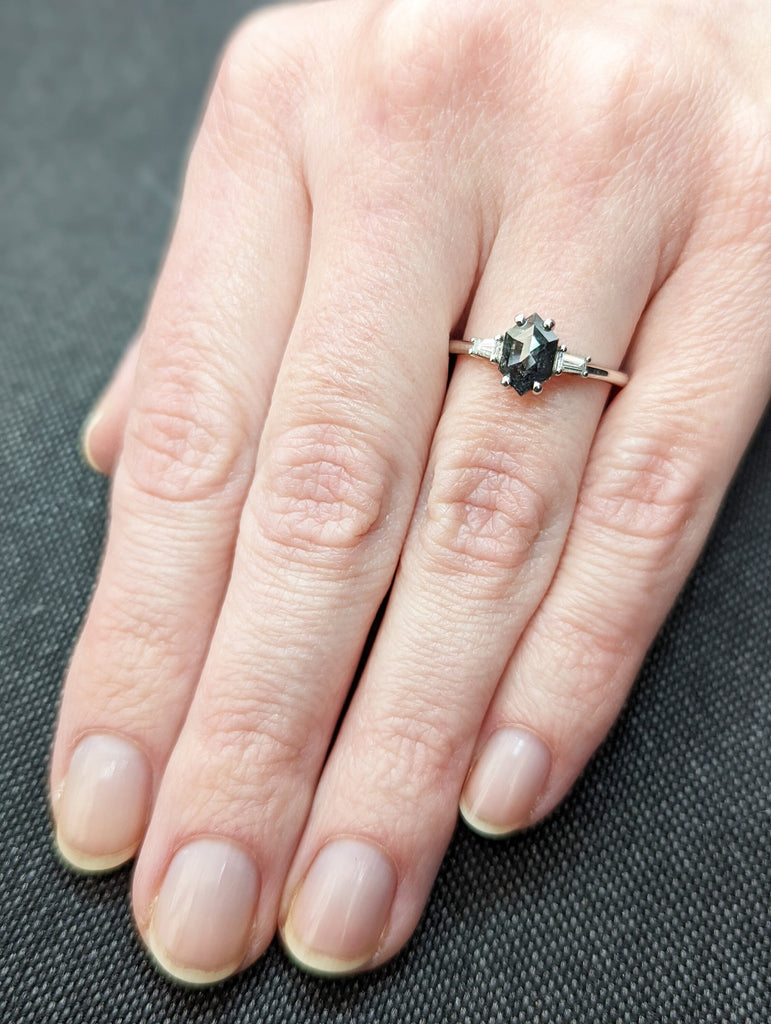 Raw Diamond Hexagon Tapered baguette Diamond, Salt and Pepper, Unique Bridal Engagement, Rose Cut Geometric Diamond Ring, Custom Handmade