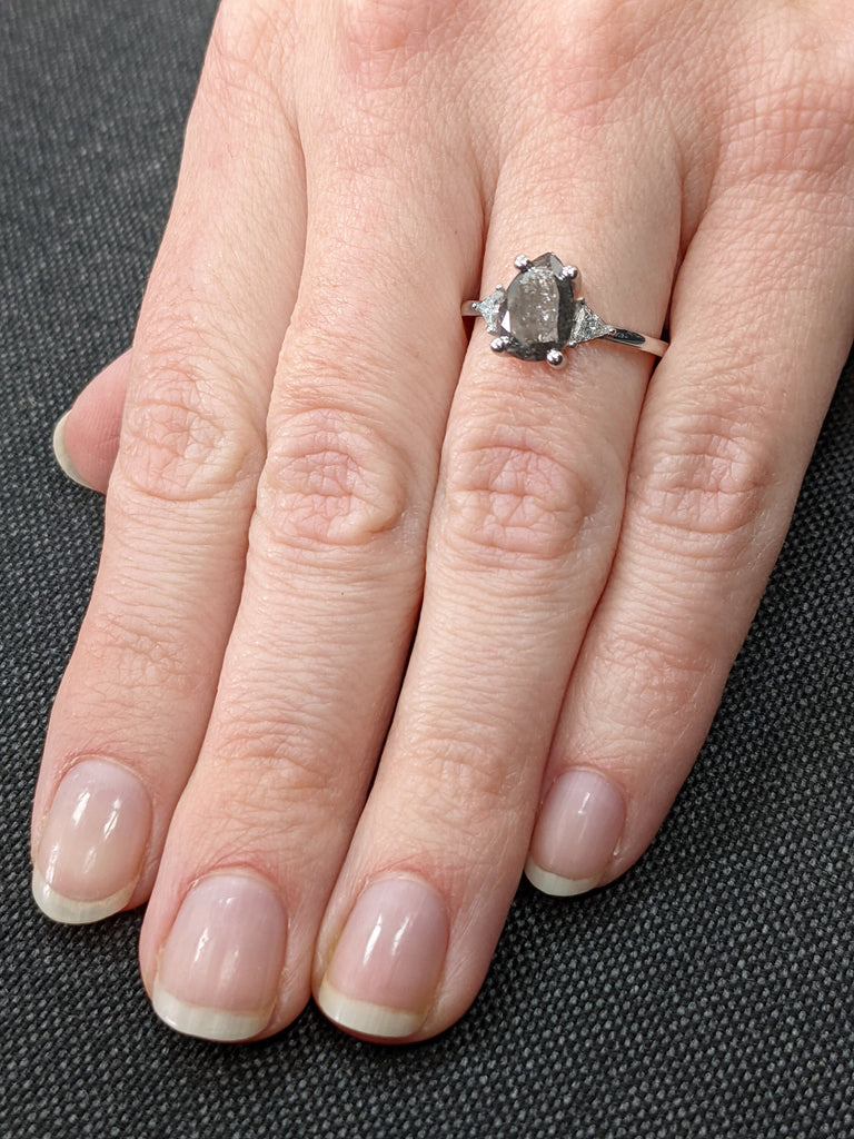 1.75 Carat 1920's Raw Salt and Pepper Diamond, Pear Diamond Ring, Unique Engagement Bridal Set, Black Gray Pear, 14k Yellow, Rose White Gold