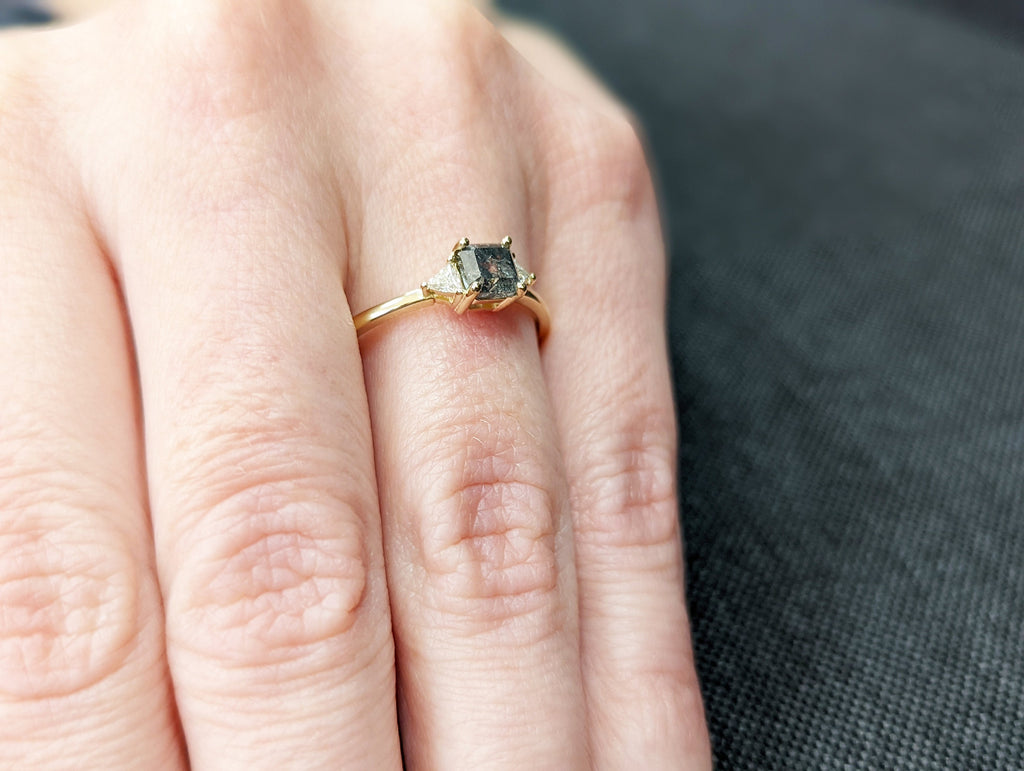 Raw Diamond Asscher cut Diamond Triangle Moissanite, Salt and Pepper, Unique Bridal Engagement Set, Rose Cut Geometric Diamond Ring