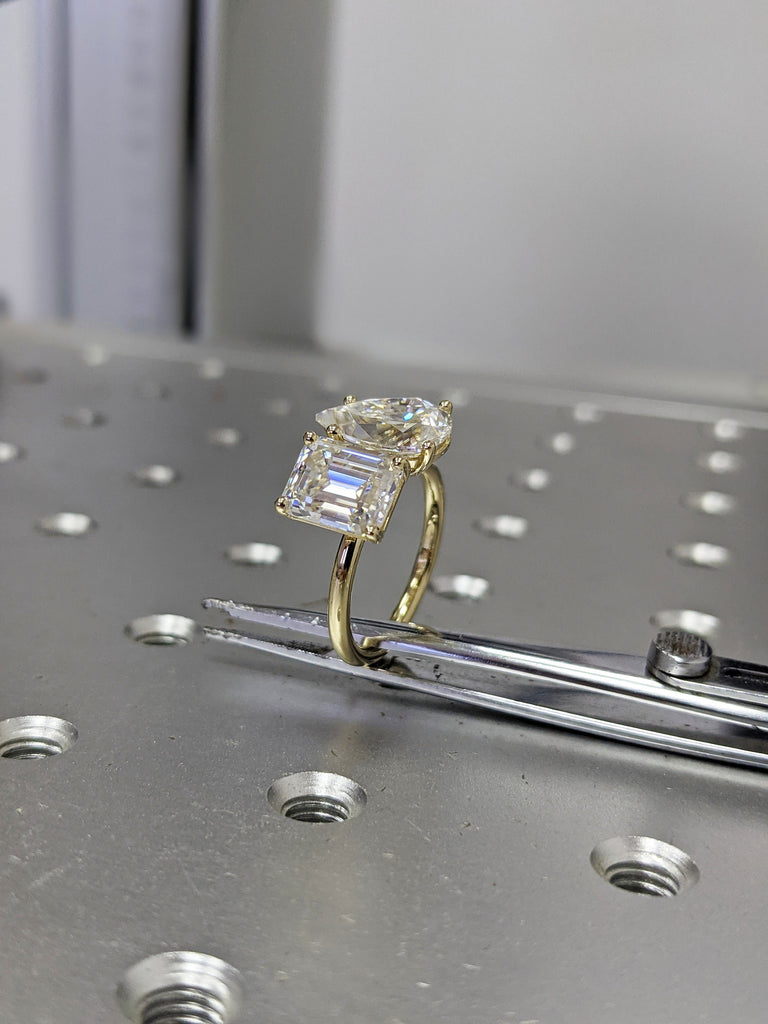 2.5 Carat Double Stone Engagement Ring Pear Cut and Emerald Cut Lab Diamond Two Stone Wedding Ring 14K White Yellow Rose Gold image #10