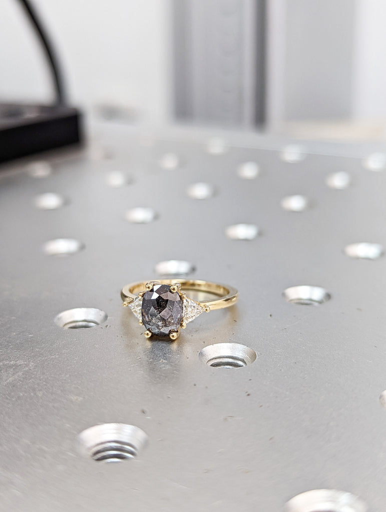 Raw Diamond Oval Triangle Diamond, Salt and Pepper, Unique Engagement Ring, Rose Cut Geometric Diamond Ring, 14k Gold, Custom Handmade