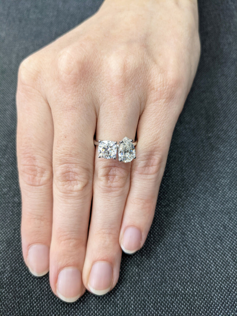 2.0 Carat Double Stone Engagement Ring Pear Cut and Cushion Cut Moissanite Two Stone Wedding Ring 14K White Yellow Rose Gold