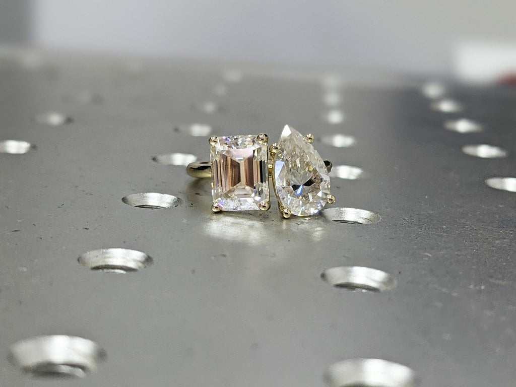 2.5 Carat Double Stone Engagement Ring Pear Cut and Emerald Cut Lab Diamond Two Stone Wedding Ring 14K White Yellow Rose Gold image #3