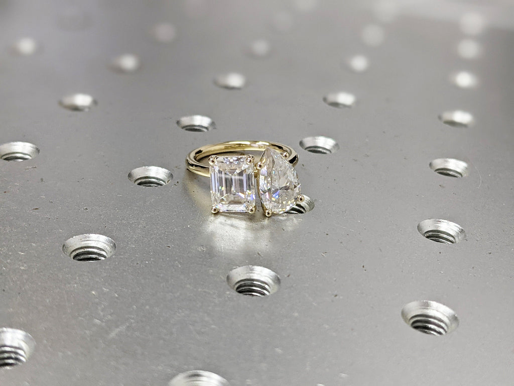 2.5 Carat Double Stone Engagement Ring Pear Cut and Emerald Cut Lab Diamond Two Stone Wedding Ring 14K White Yellow Rose Gold image #2