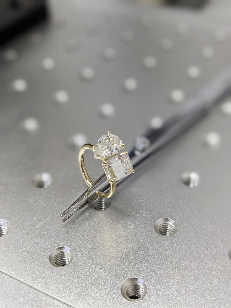 2.5 Carat Double Stone Engagement Ring Pear Cut and Emerald Cut Lab Diamond Two Stone Wedding Ring 14K White Yellow Rose Gold image #9