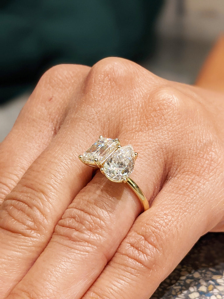 2.5 Carat Double Stone Engagement Ring Pear Cut and Emerald Cut Lab Diamond Two Stone Wedding Ring 14K White Yellow Rose Gold image #4