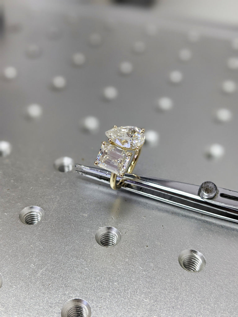 2.5 Carat Double Stone Engagement Ring Pear Cut and Emerald Cut Lab Diamond Two Stone Wedding Ring 14K White Yellow Rose Gold image #8