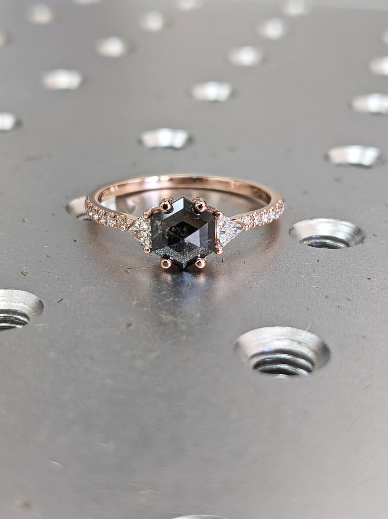 Raw Diamond Hexagon Triangle Diamond, Salt and Pepper, Unique Engagement Ring, Rose Cut Geometric Diamond Ring, 14k Gold, Custom Handmade