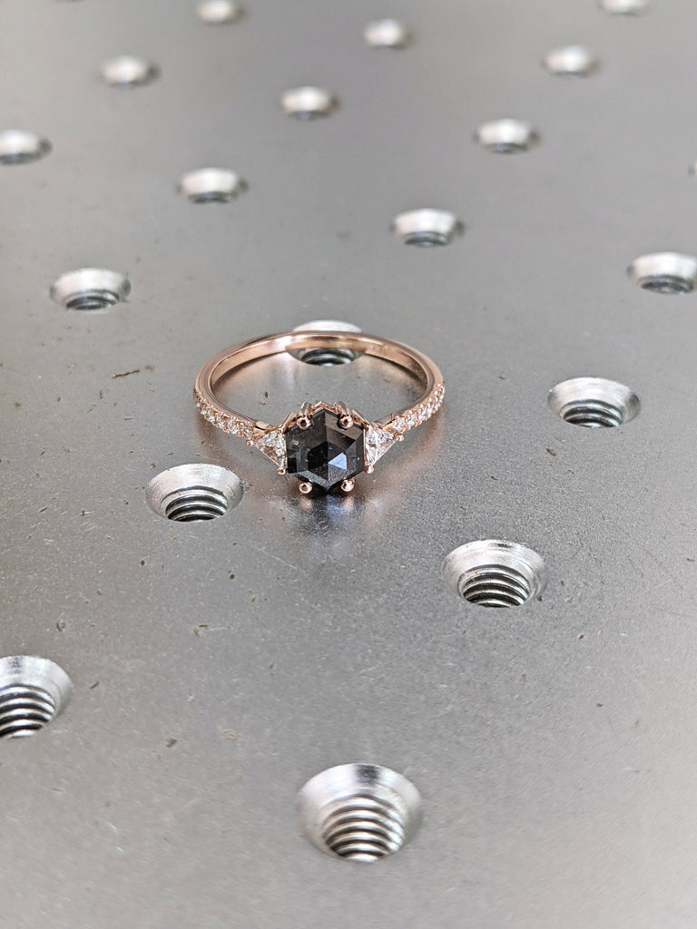 Raw Diamond Hexagon Triangle Diamond, Salt and Pepper, Unique Engagement Ring, Rose Cut Geometric Diamond Ring, 14k Gold, Custom Handmade