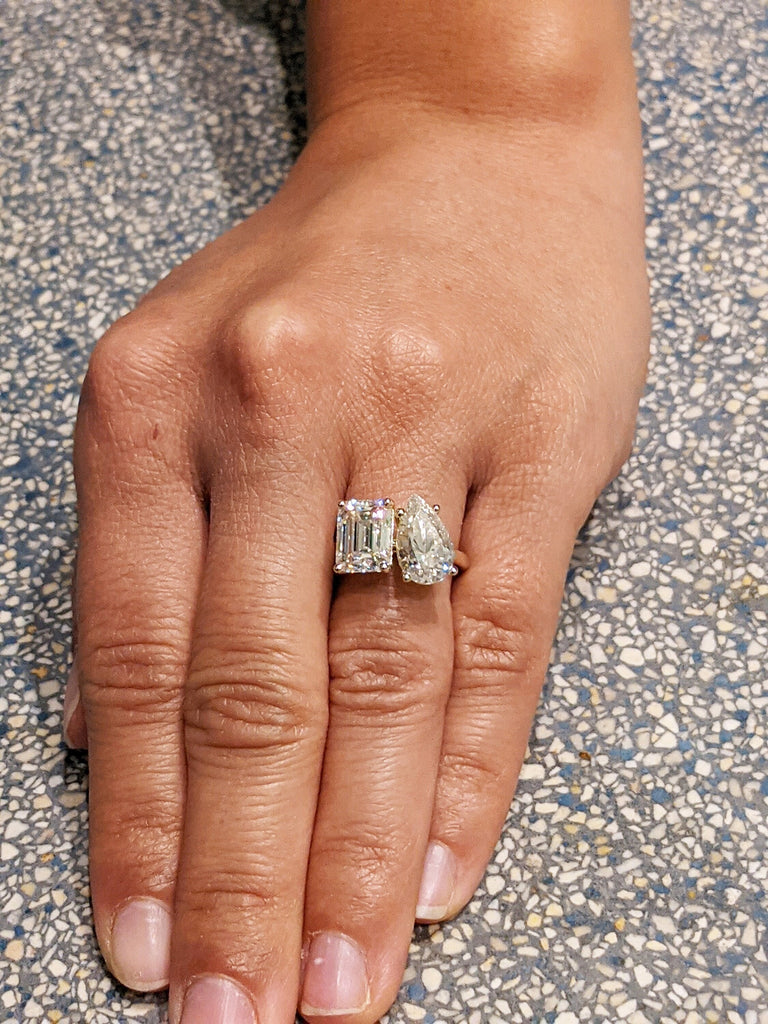 2.5 Carat Double Stone Engagement Ring Pear Cut and Emerald Cut Lab Diamond Two Stone Wedding Ring 14K White Yellow Rose Gold image #1