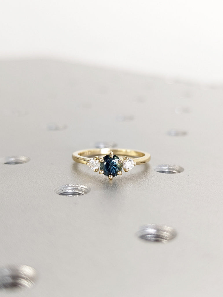 Teal Sapphire Engagement Ring Unique Round Blue Green Sapphire Ring Solid 14k Gold Diamond / Moissanite Wedding Bridal Ring Anniversary Ring